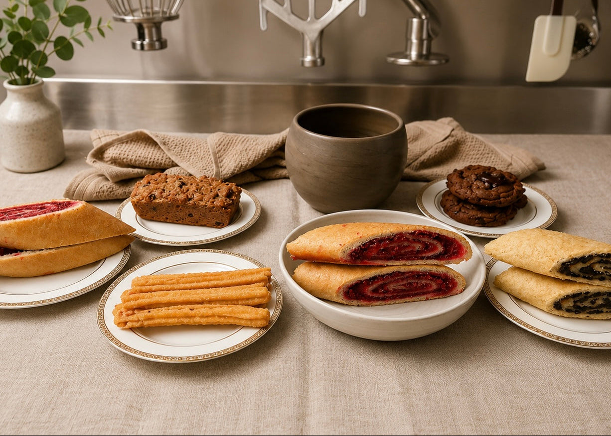 Assorted Grenadian pastries on plates with a kitchen background